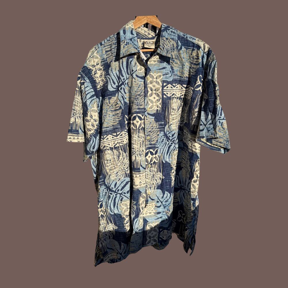 Go Barefoot Hawaiian Shirt | Blue Tribal Print | Size 2XL | Vintage